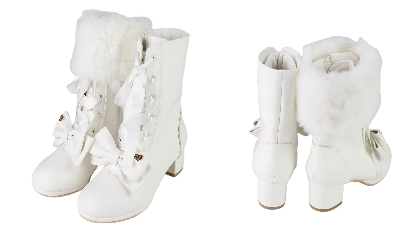 Sheep Puff - Snowy Mochi - Kawaii Lolita Winter Boots, Detachable Fur Trim