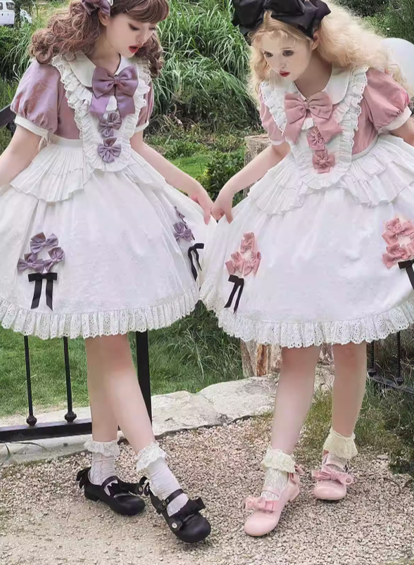 Sheep Puff - Bear Room - Sweet Lolita Shoes Double Bow Round Toe Flat Shoes