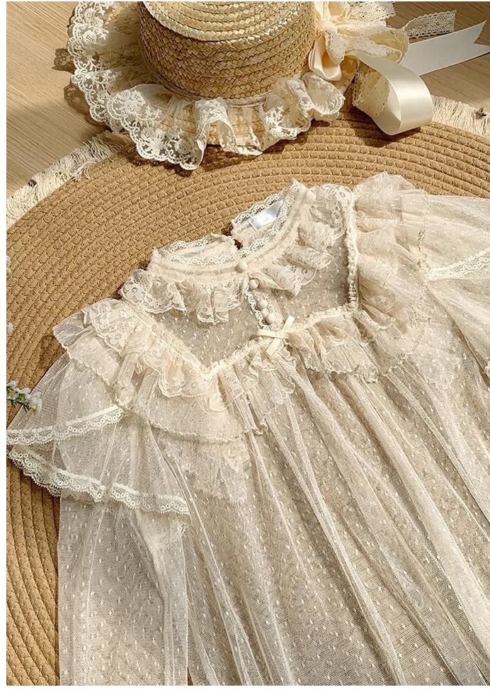 With PUJI - Letters and Poems - Summer Classic Lolita Shirt with Dotted Tulle and Long Sleeve