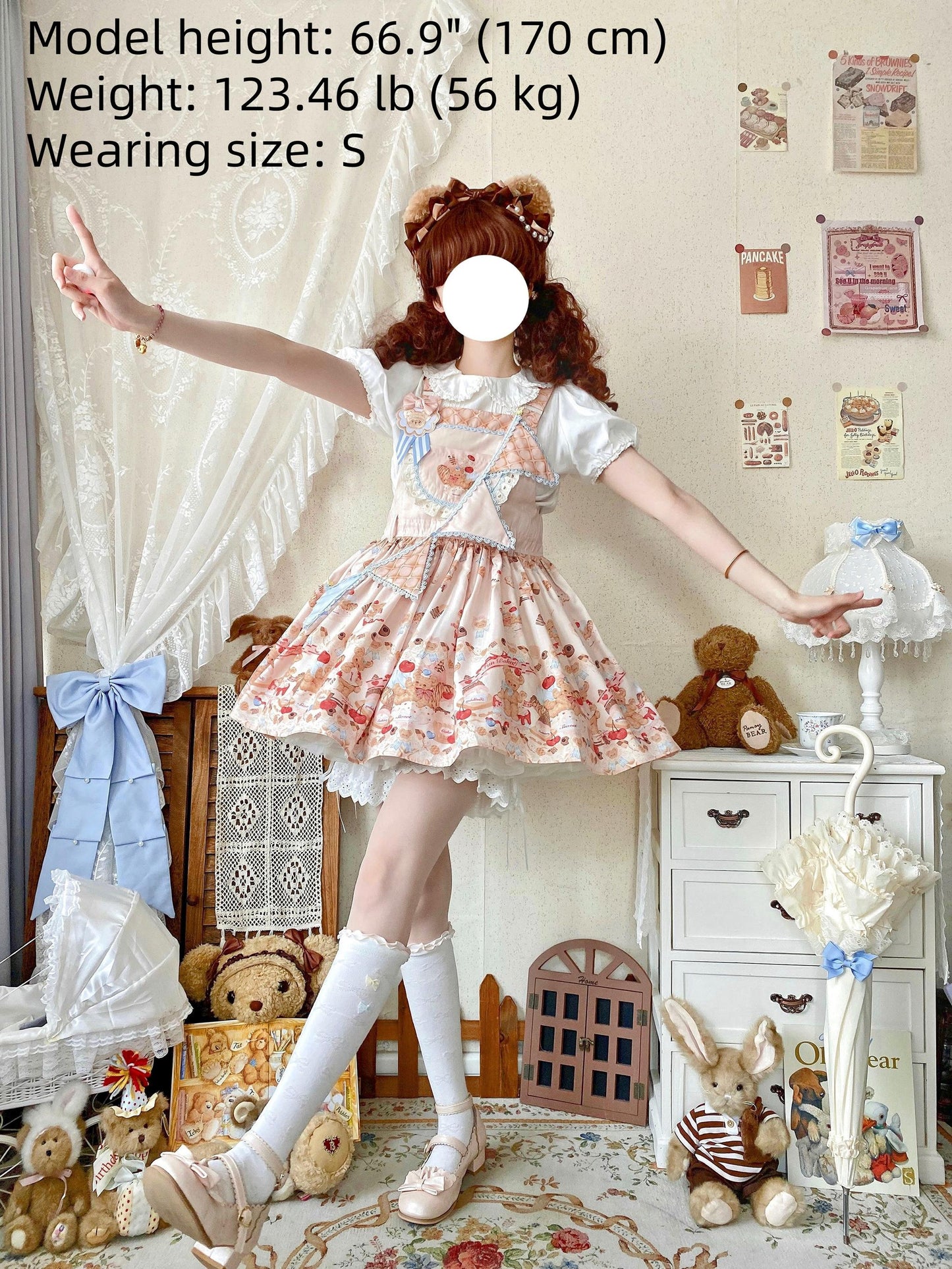 White Tea Story - Little Bear Bonny - Kawaii Lolita Salopette, Bear & Dessert Print