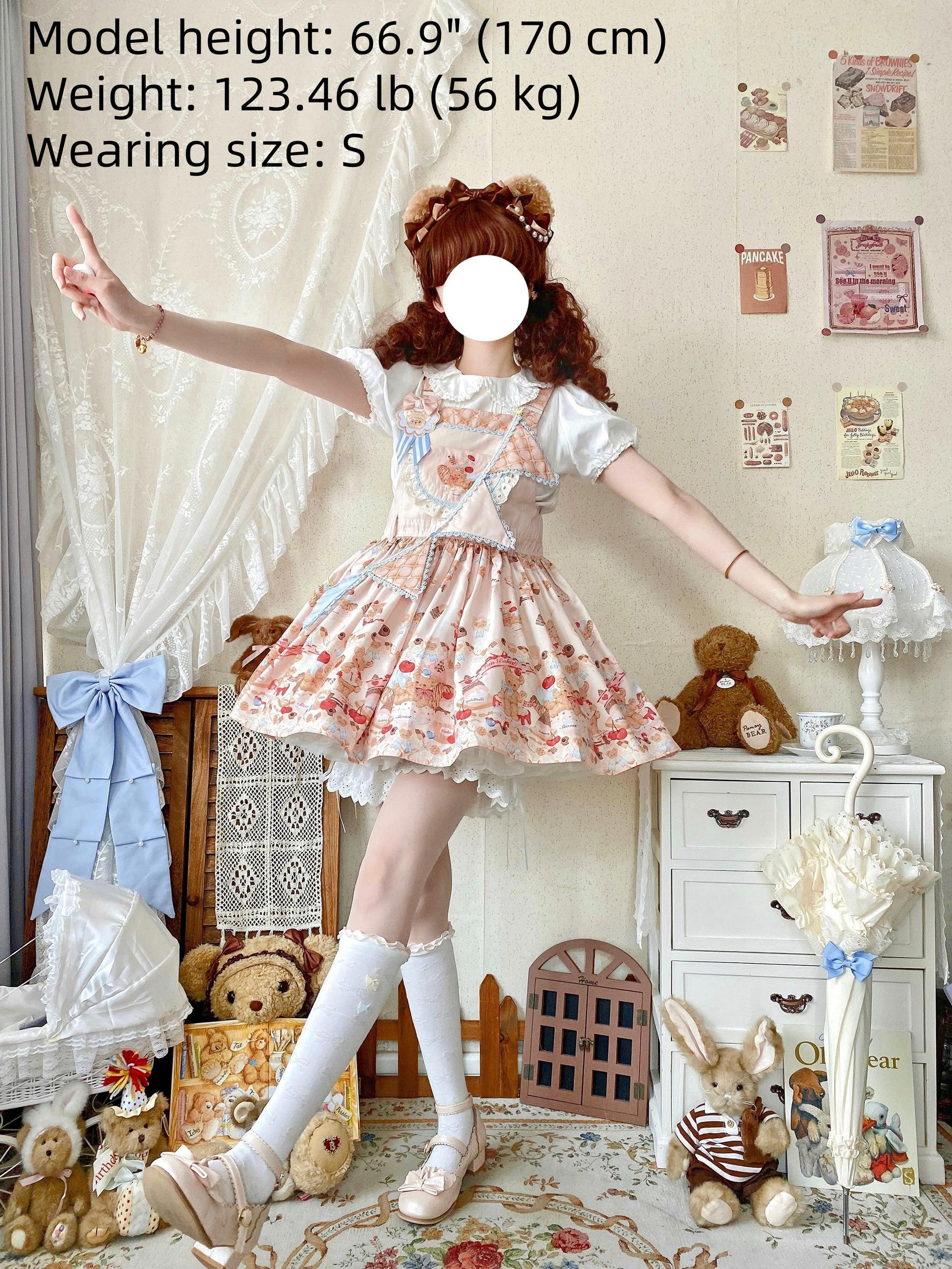 White Tea Story - Little Bear Bonny - Kawaii Lolita Salopette, Bear & Dessert Print