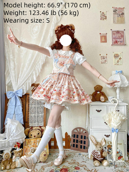 White Tea Story - Little Bear Bonny - Kawaii Lolita Salopette, Bear & Dessert Print