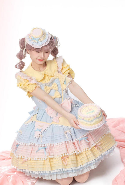 Chubby Cat Diary - Sweetheart Macarons - Sweet Lolita JSK Dress, Pom-pom Accents