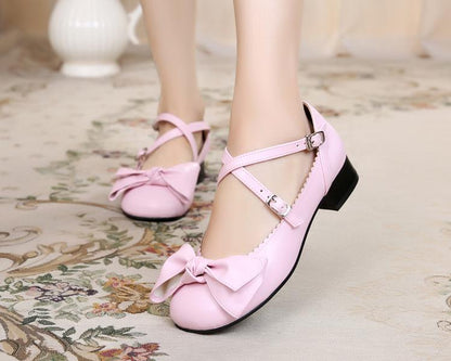 Sosic - Bow and Low Heel Cross Band Lolita Leather Shoes