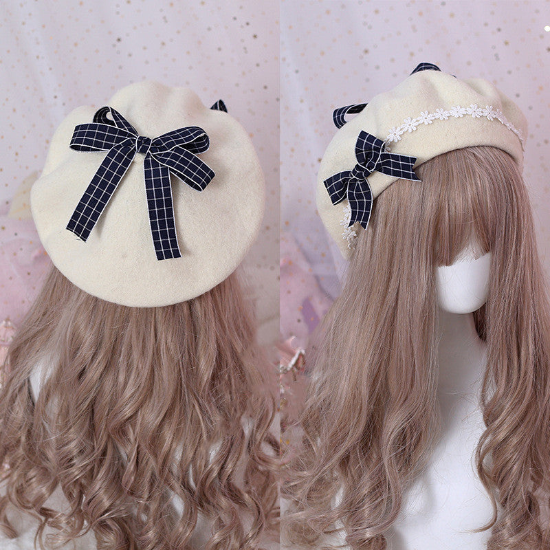 Xiaogui - Sweet and Lovely Daisy Bowknot Woolen Beret