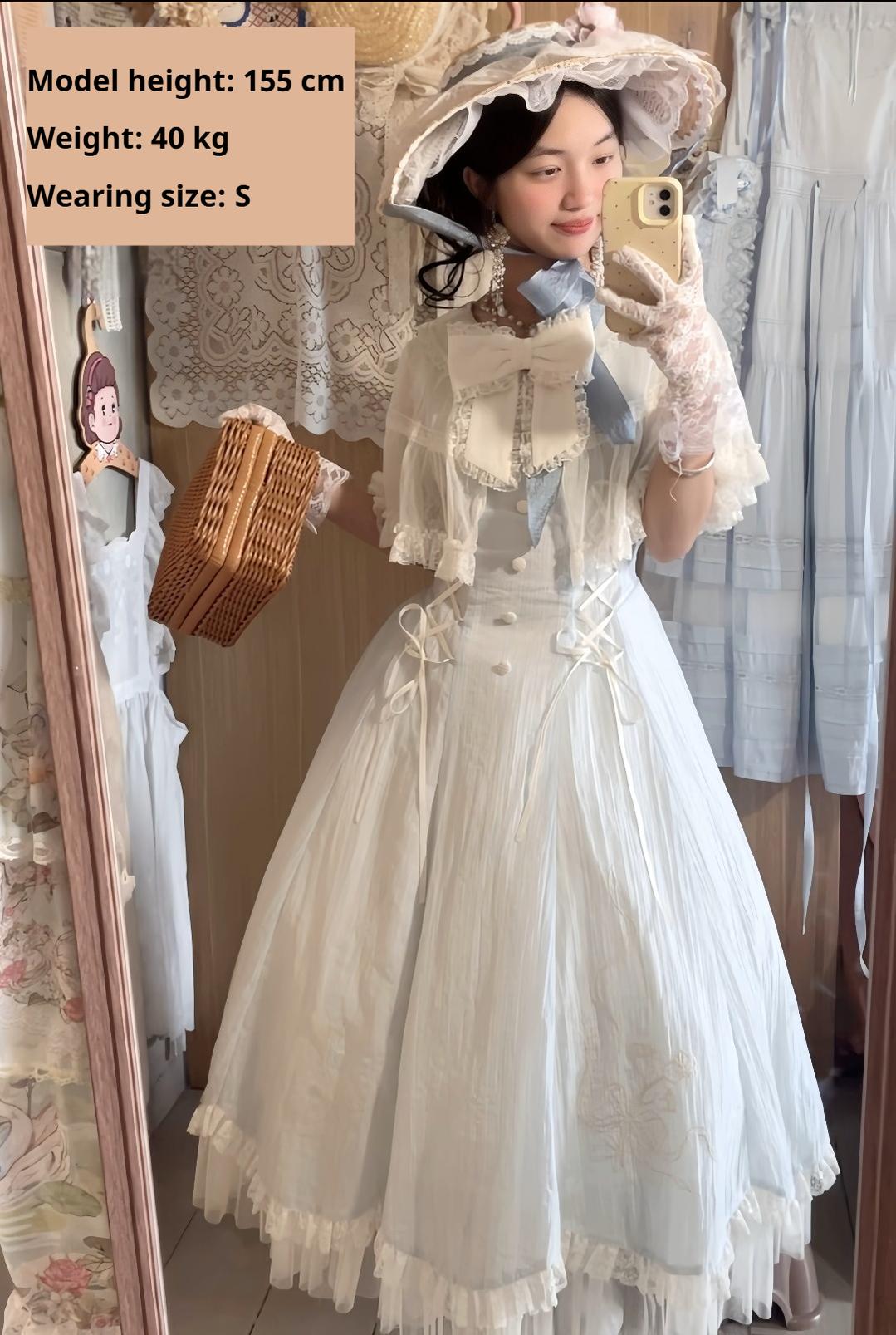 Kuma - Little Wind Chime - Elegant Lolita OP Water Blue Dress With Decorative Tulle Cape