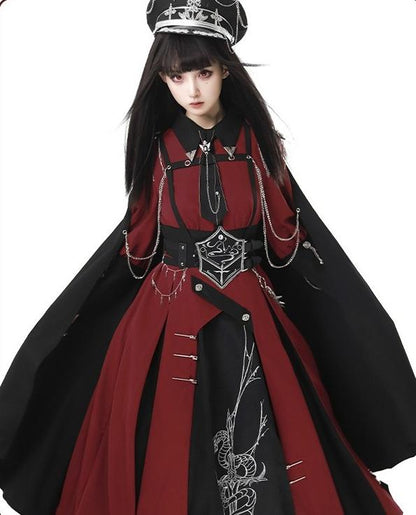 CHUNLV LOLITA - Crimson Knight - Military Lolita Dress Outfit Red OP Black Cloak Waistband