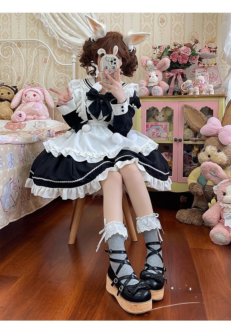 Hua Nai Cat - Sweet Cotton Lolita Socks Mid-Calf Socks with Lace and Bow