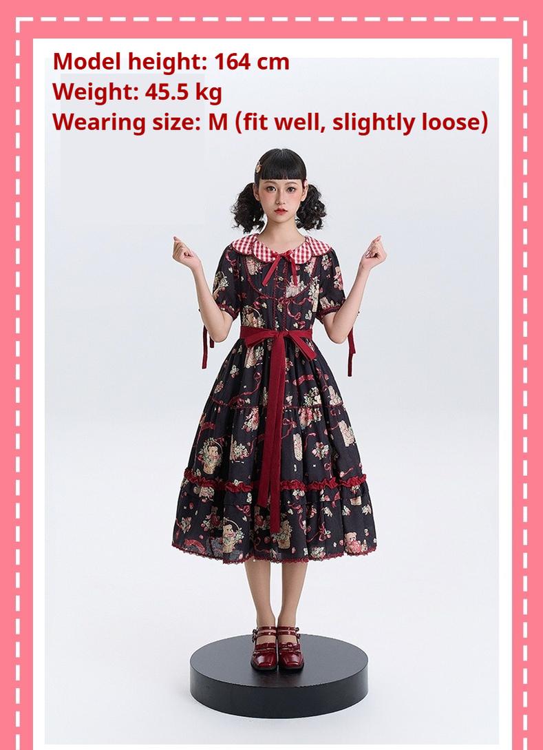 Qianmu - The Bear's Strawberry Field - Daily Lolita OP Dress With Petal Collar & Bear Strawberry Print