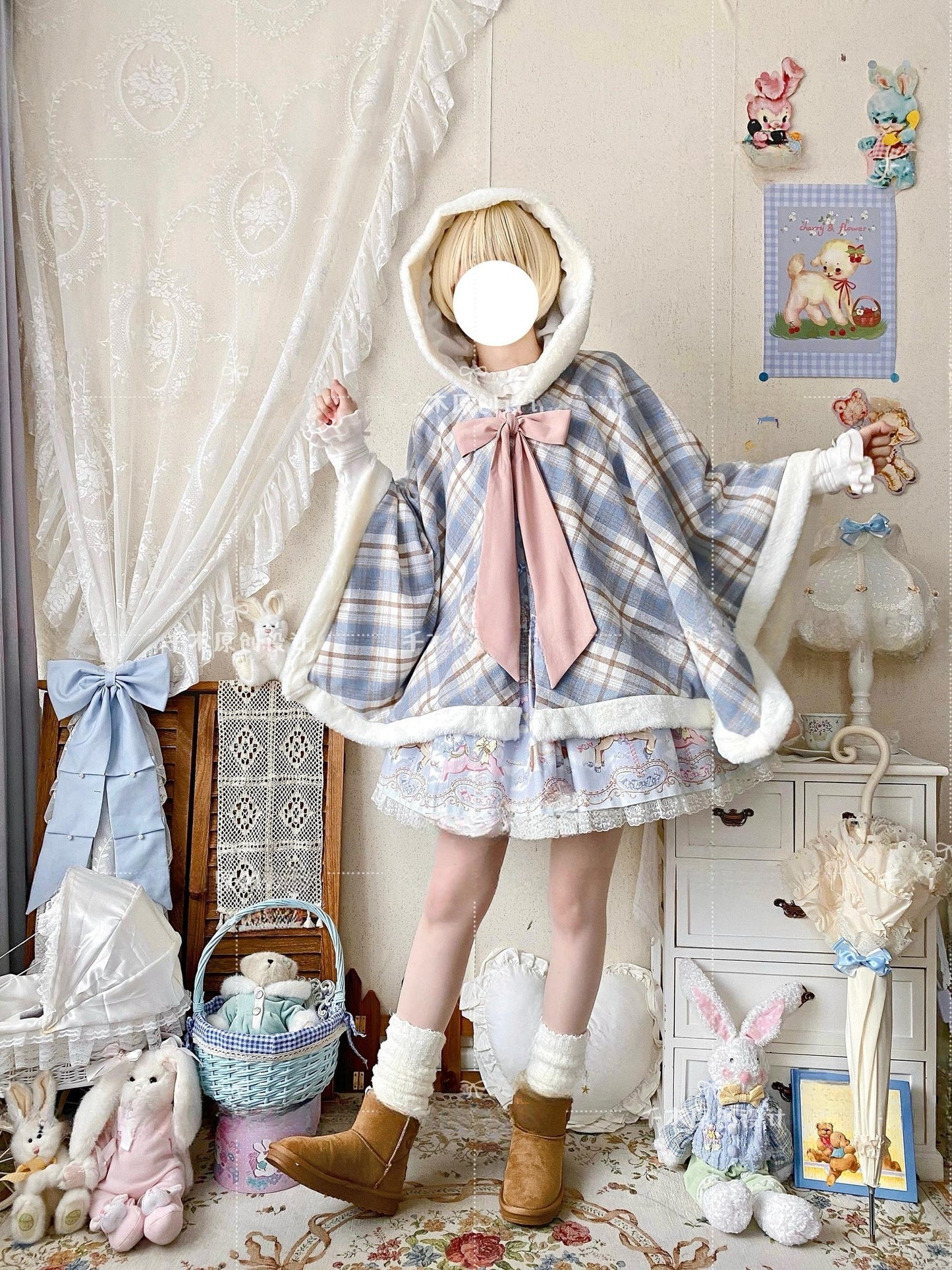 Qianmu - Waffle - Kawaii Lolita Cape Daily Lolita Plaid Hoodie Cloak