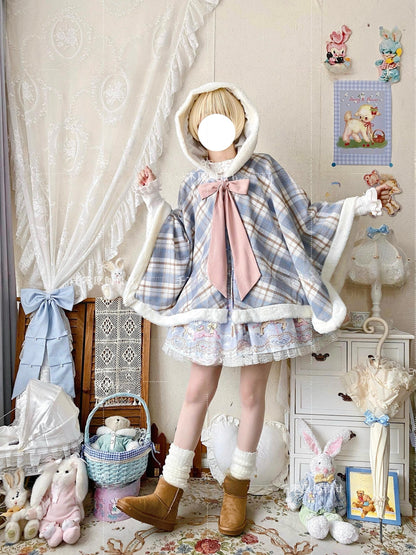 Qianmu - Waffle - Kawaii Lolita Cape Daily Lolita Plaid Hoodie Cloak
