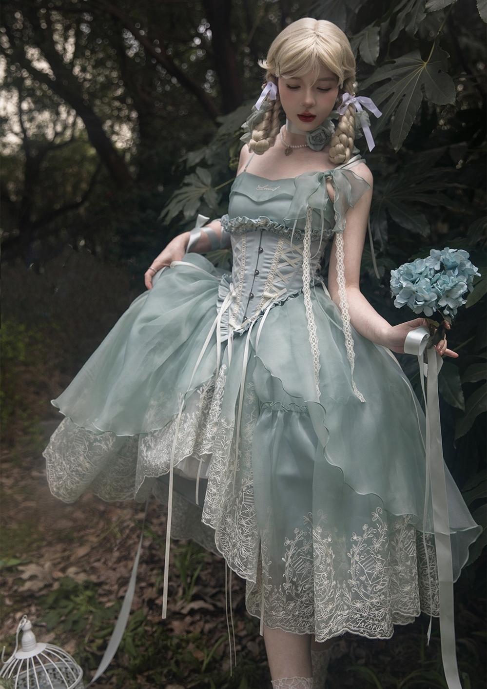 ZJstory - Sonnet Summer - Sweet Lolita Dress Set Embroidery Shirt Tiered Jumper Dress