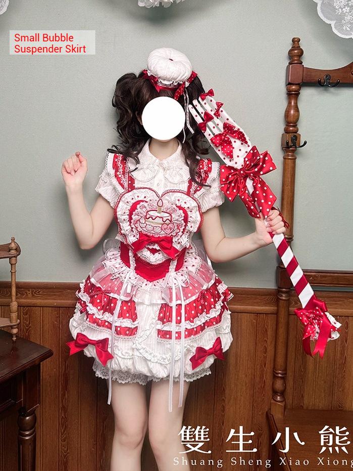 Shuang Sheng Xiao Xiong - Bite The Cake - Sweet Lolita Dress, Red & White Polka Dots