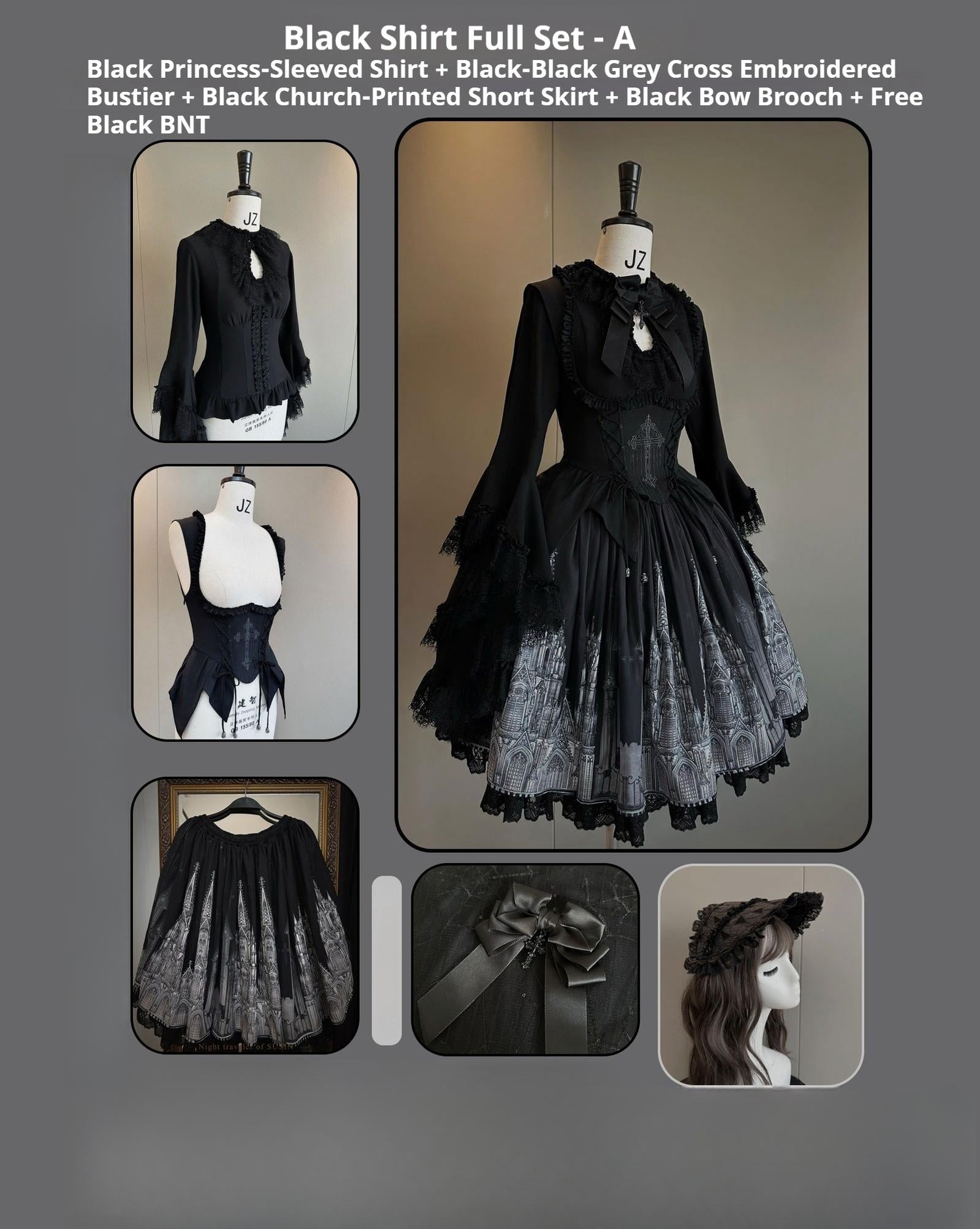 Susin Lolita - Night Traveler - Gothic Lolita Skirt Outfit Long Coat Shirt and Bustier Set