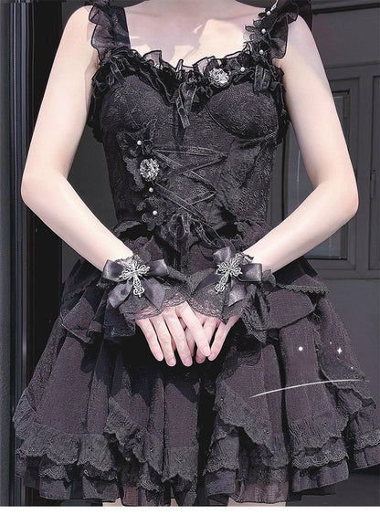 Hua Nai Cat - Gothic Lolita Cuffs with Cross Black and White Hand Sleeve