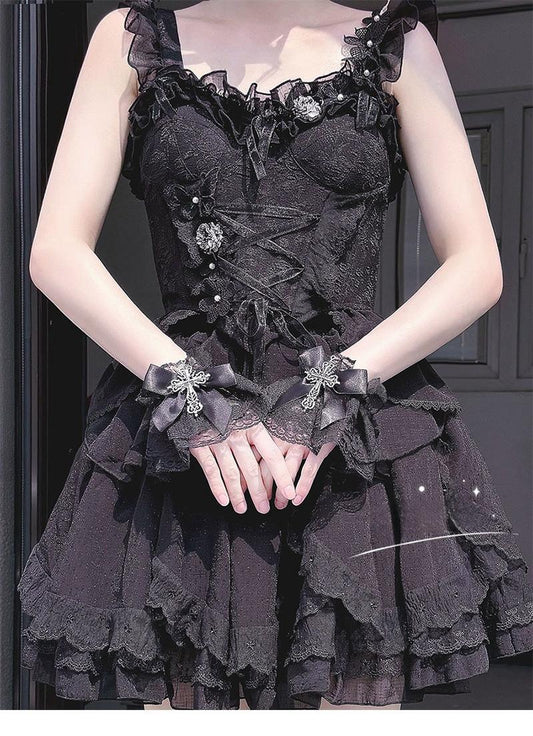 Hua Nai Cat - Gothic Lolita Cuffs with Cross Black and White Hand Sleeve