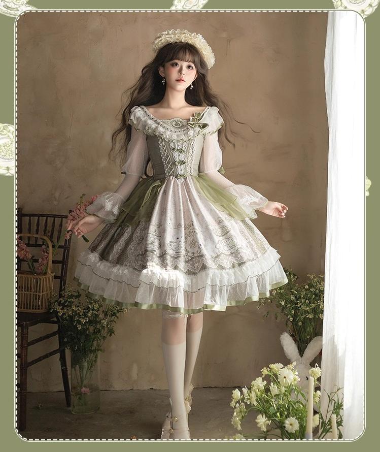 YingLuoFu - Teacup Bunny - Classic Lolita OP Dress, Fresh Green Floral Print