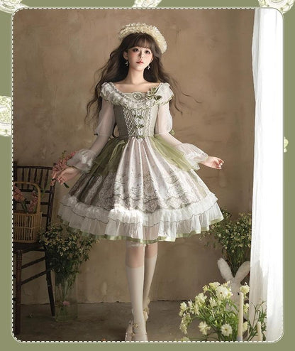 YingLuoFu - Teacup Bunny - Classic Lolita OP Dress, Fresh Green Floral Print