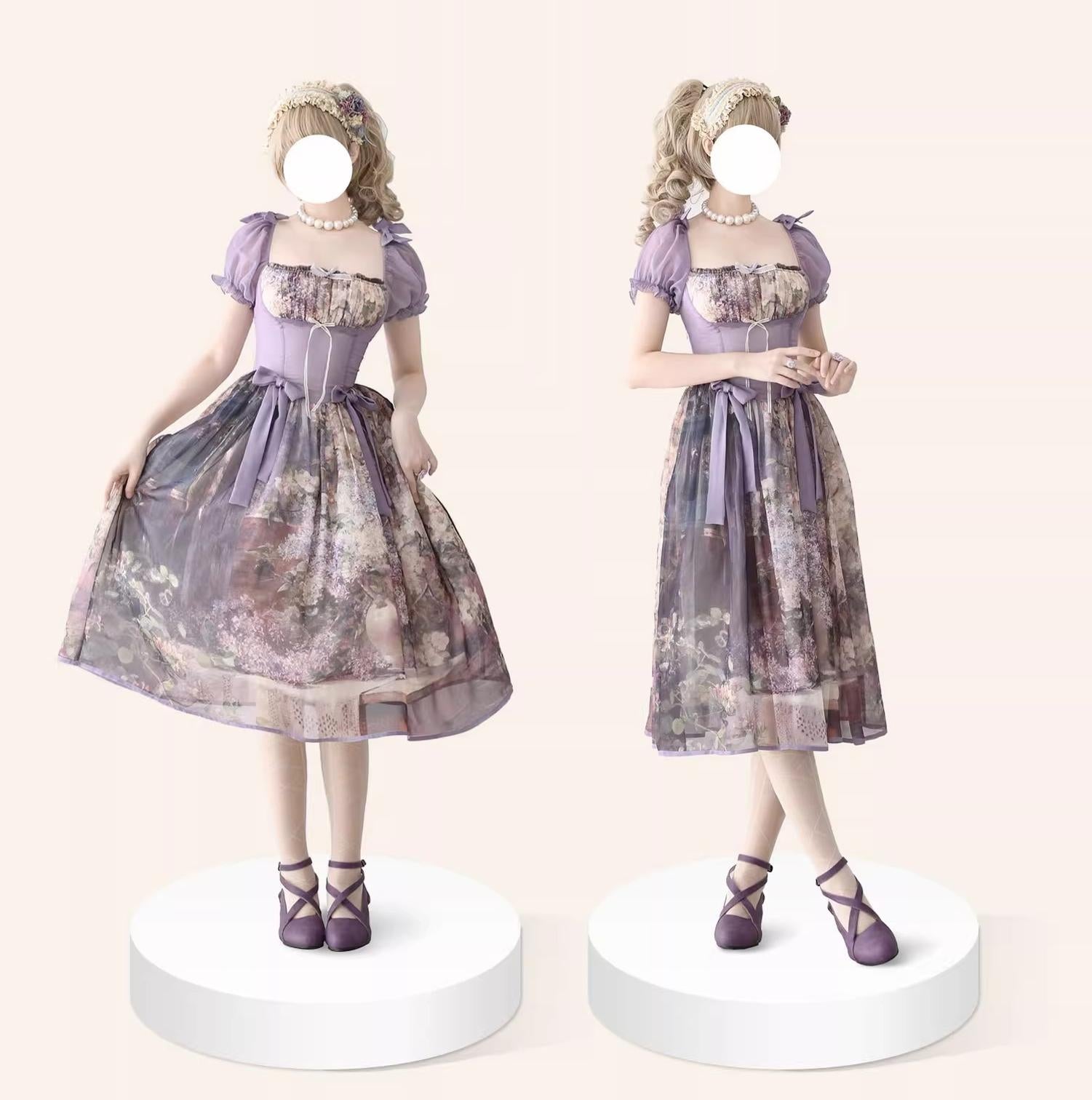 Cyan Lolita - Blooming Tree Shade - Elegant Lolita OP Oil Painting Print Bow Dress