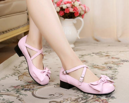 Sosic - Bow and Low Heel Cross Band Lolita Leather Shoes