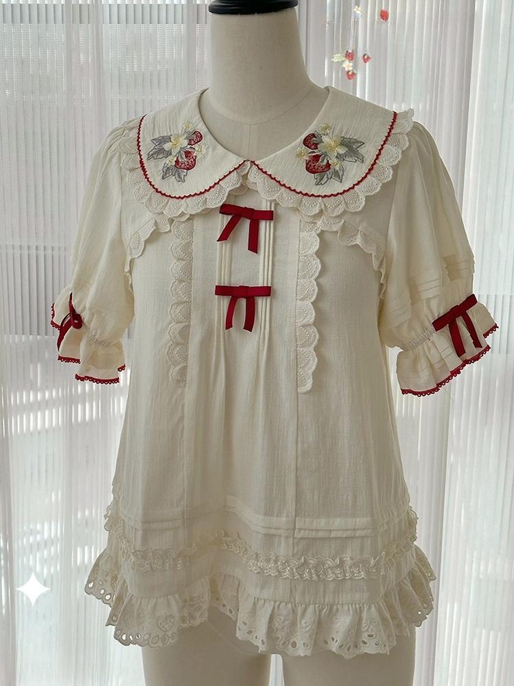 Piggy Bun - Sweet Lolita Shirt Strawberry Embroidery Ivory Blouse