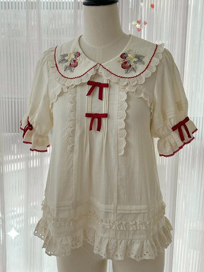 Piggy Bun - Sweet Lolita Shirt Strawberry Embroidery Ivory Blouse