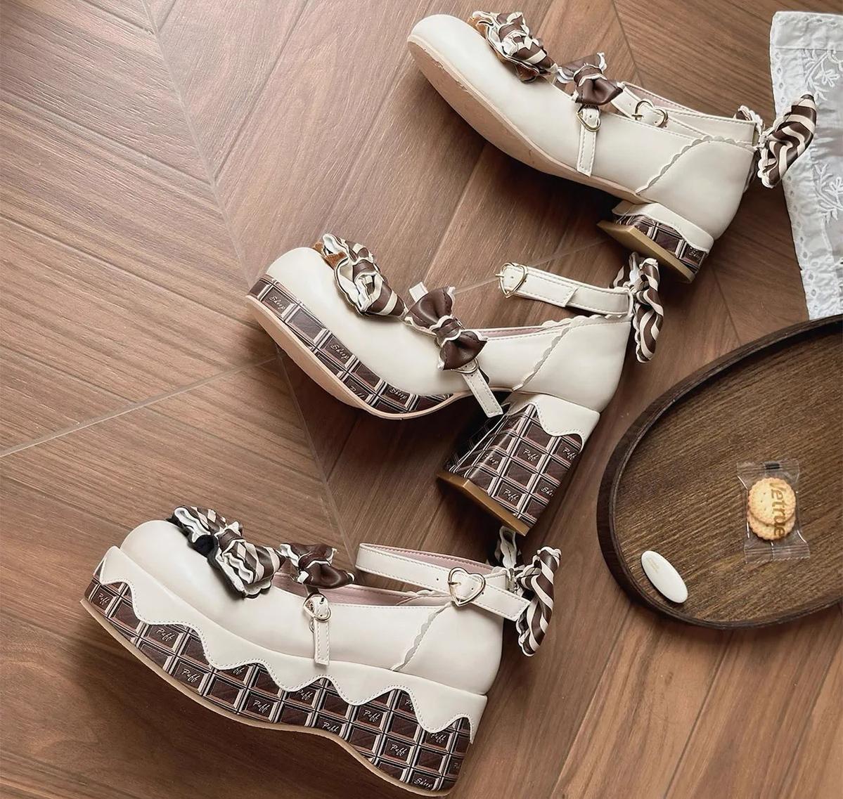 Sheep Puff - Layered Pastry - Sweet Lolita High Heel Shoes Chocolate Prints Shoes