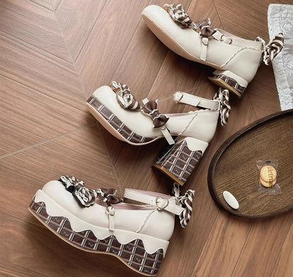 Sheep Puff - Layered Pastry - Sweet Lolita High Heel Shoes Chocolate Prints Shoes