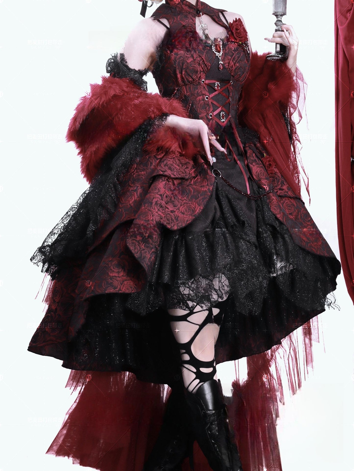 Cornfield Lolita - Rose Blood - Black Red Gothic Lolita JSK Jacquard Court Dress