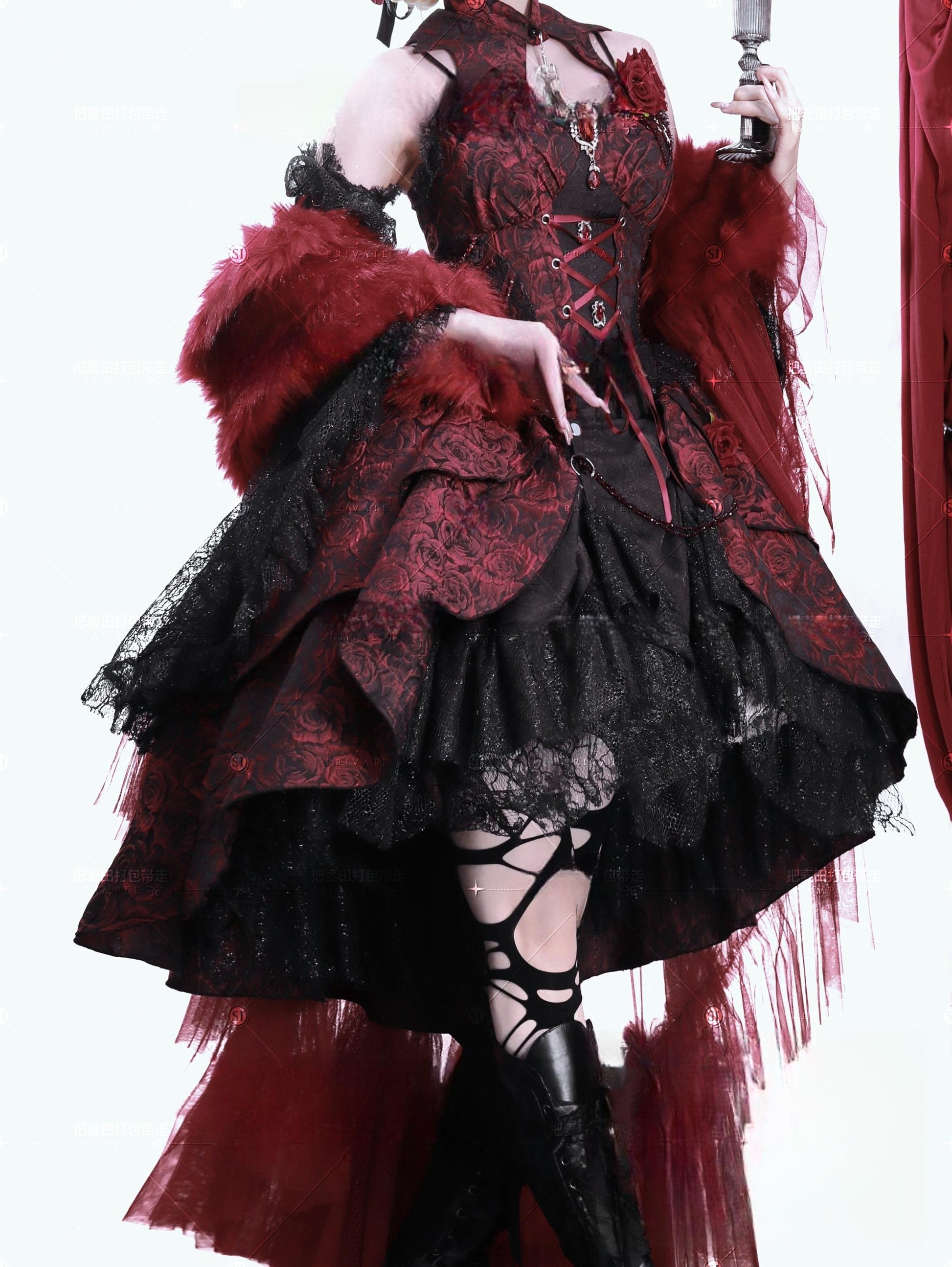 Cornfield Lolita - Rose Blood - Black Red Gothic Lolita JSK Jacquard Court Dress