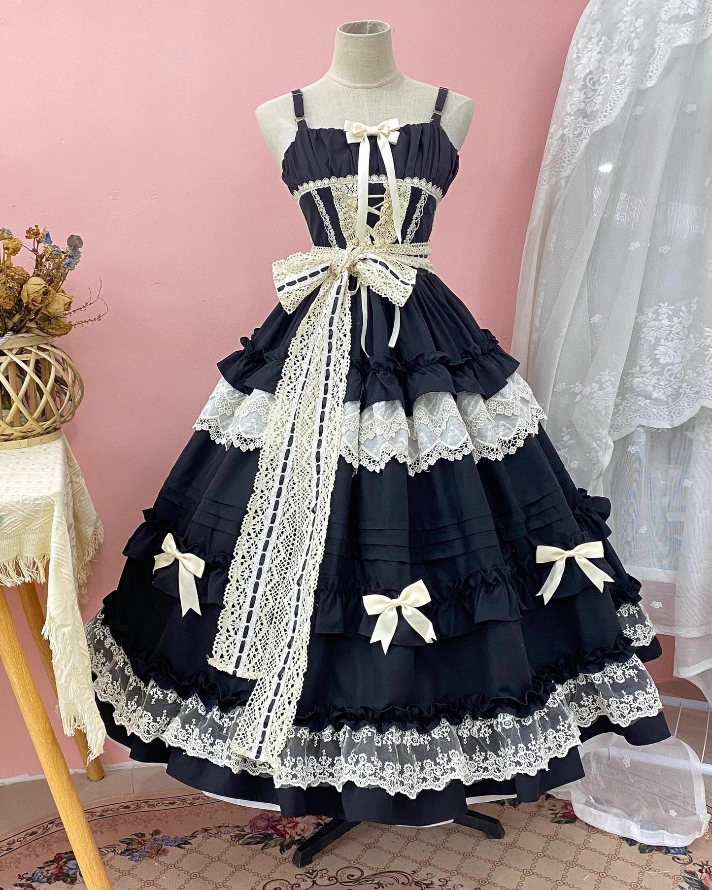 Qianmu - Lilianne - Elegant Lolita Ruffled Hem JSK Dress Multicolors