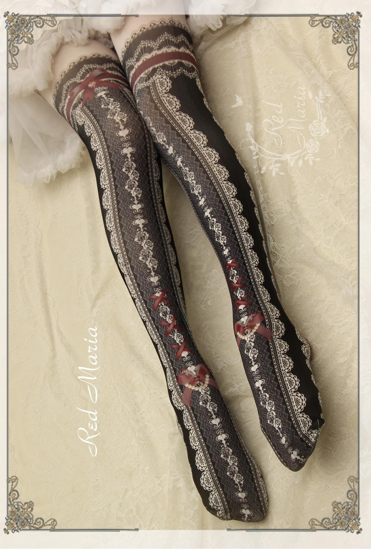 Red Maria - Lace Printed Bow 80D Lolita Tights Multicolors