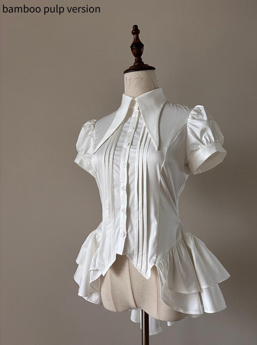 FlowerFairyDaily - Midnight Prayer - Solid Lolita Shirt with Flowing Tiered Back Hem