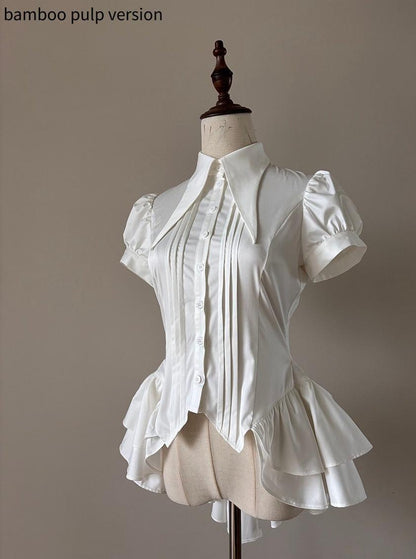 FlowerFairyDaily - Midnight Prayer - Solid Lolita Shirt with Flowing Tiered Back Hem