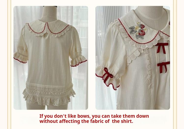 Piggy Bun - Sweet Lolita Shirt Strawberry Embroidery Ivory Blouse