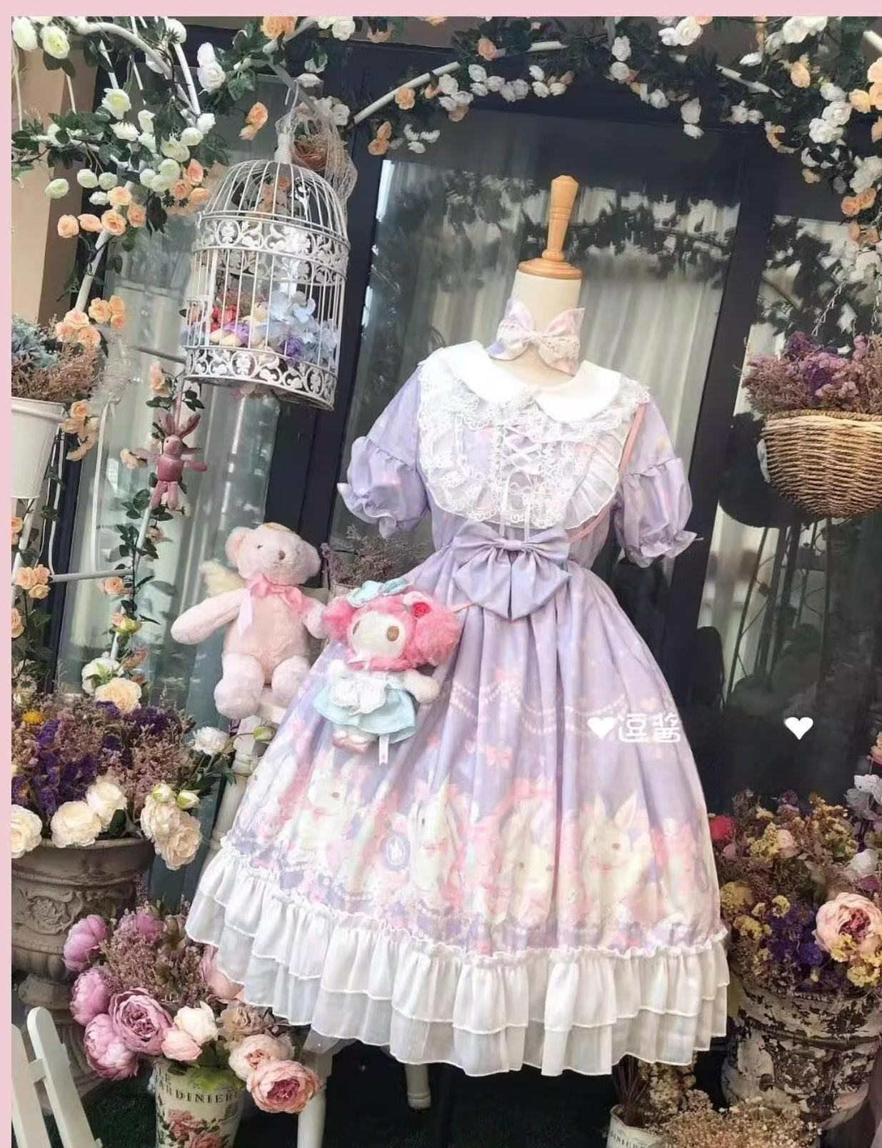 Doujiang - Kawaii Lolita OP Rabbit Print Pink Purple Lace Princess Dress