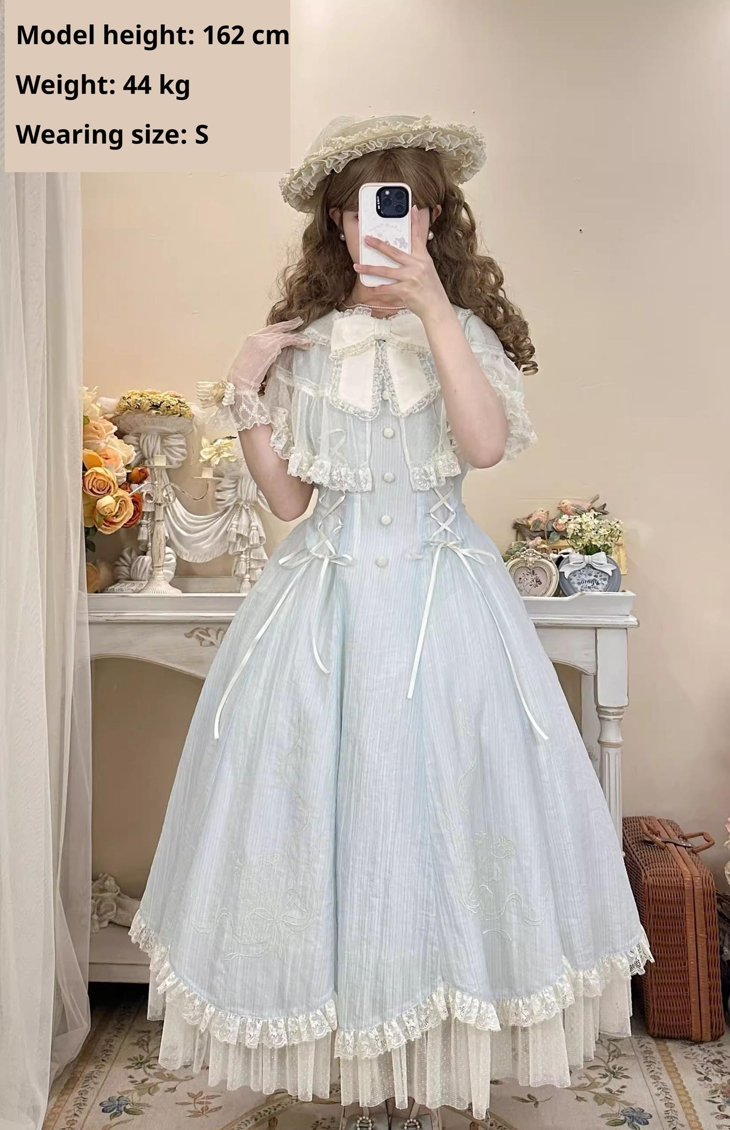 Kuma - Little Wind Chime - Elegant Lolita OP Water Blue Dress With Decorative Tulle Cape