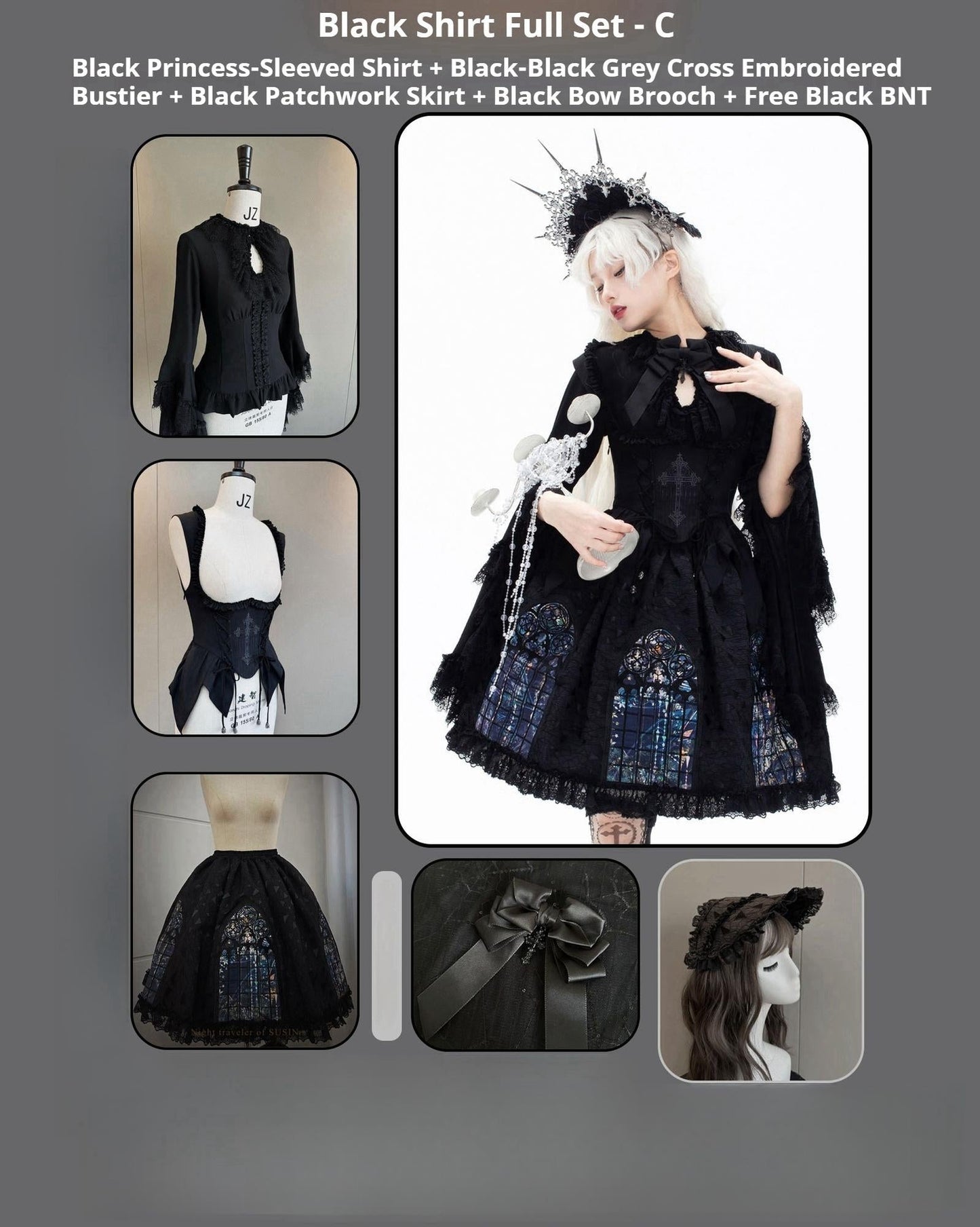 Susin Lolita - Night Traveler - Gothic Lolita Skirt Outfit Long Coat Shirt and Bustier Set