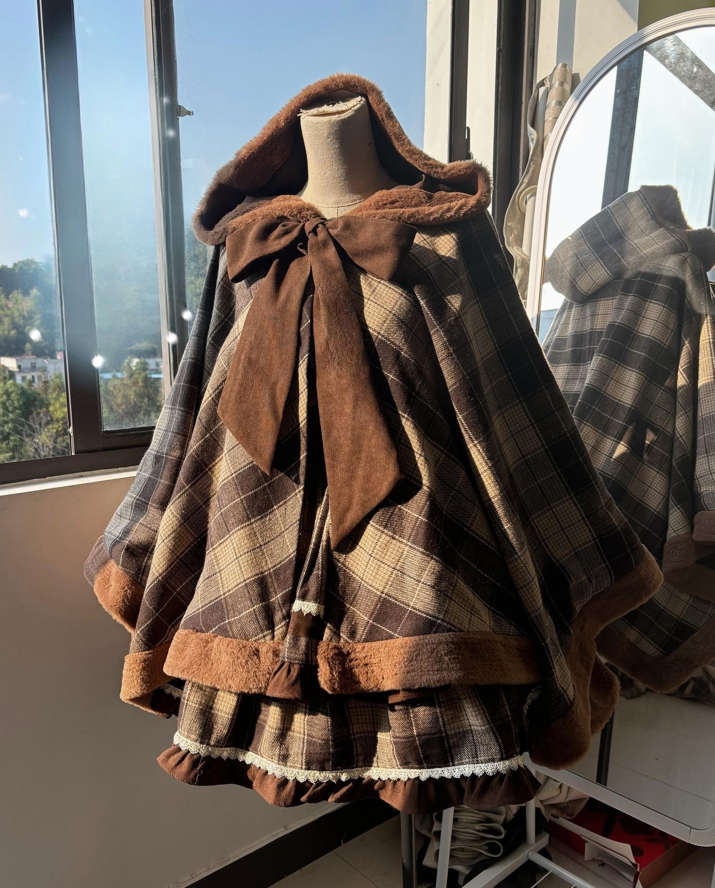 Qianmu - Waffle - Kawaii Lolita Cape Daily Lolita Plaid Hoodie Cloak