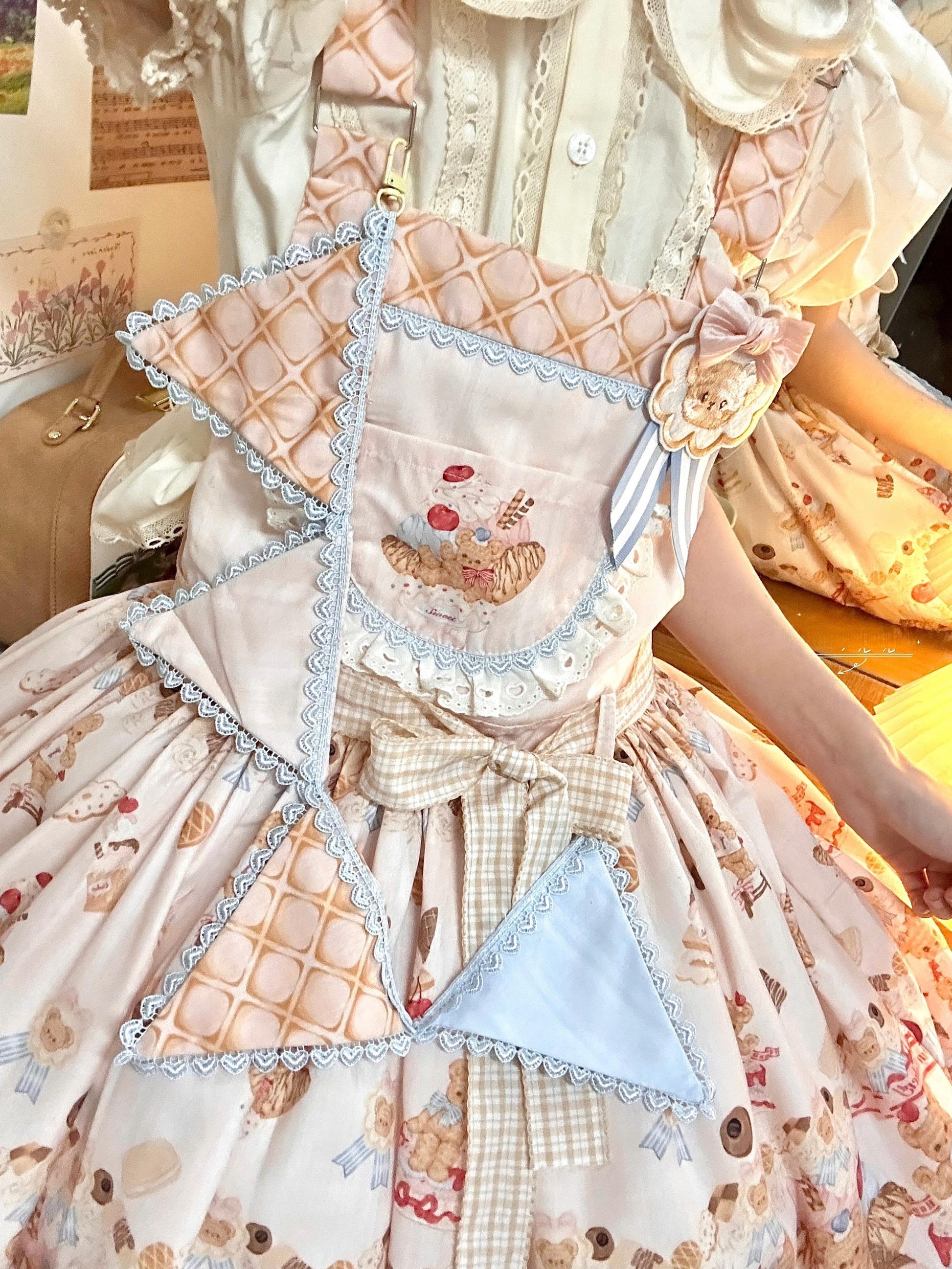 White Tea Story - Little Bear Bonny - Kawaii Lolita Salopette, Bear & Dessert Print