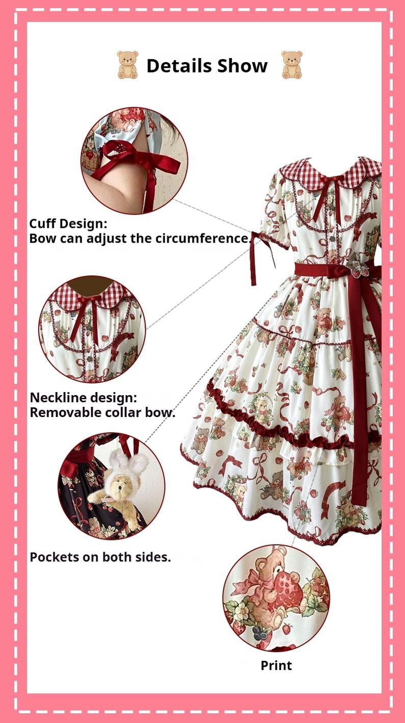 Qianmu - The Bear's Strawberry Field - Daily Lolita OP Dress With Petal Collar & Bear Strawberry Print