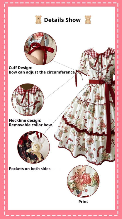 Qianmu - The Bear's Strawberry Field - Daily Lolita OP Dress With Petal Collar & Bear Strawberry Print
