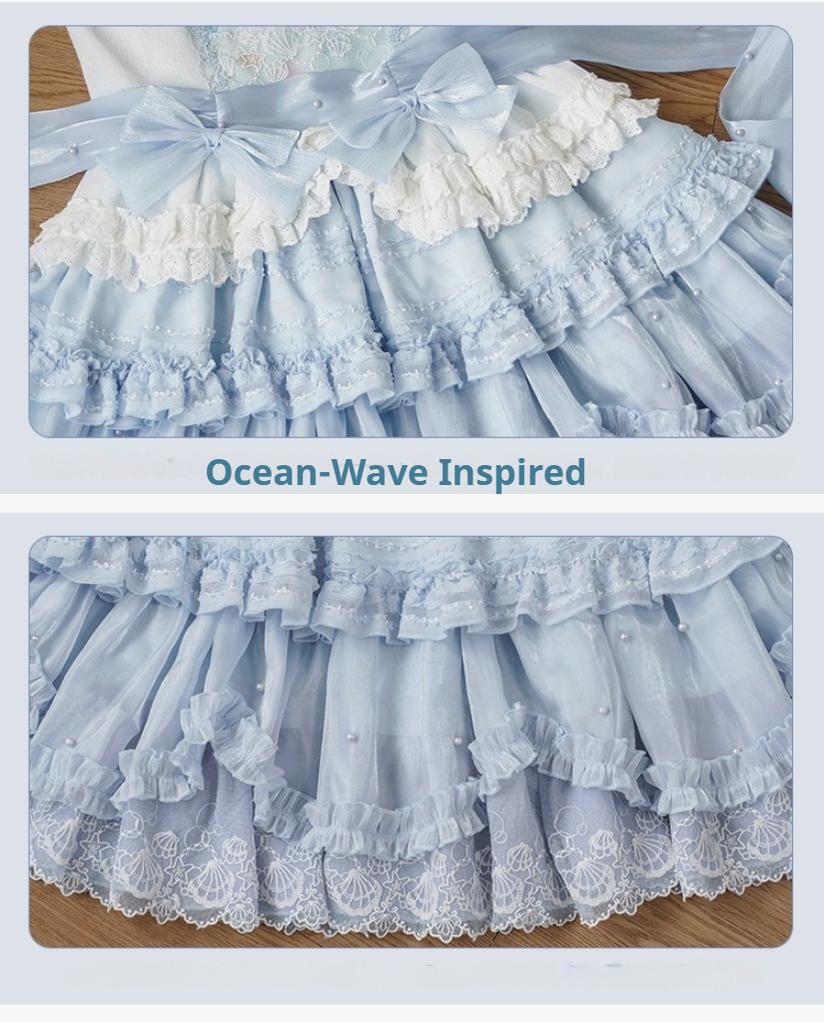 Honey Machine - Blue Whale - Sweet Lolita OP Suit Tiered Ruffle Dress with Shell Lace