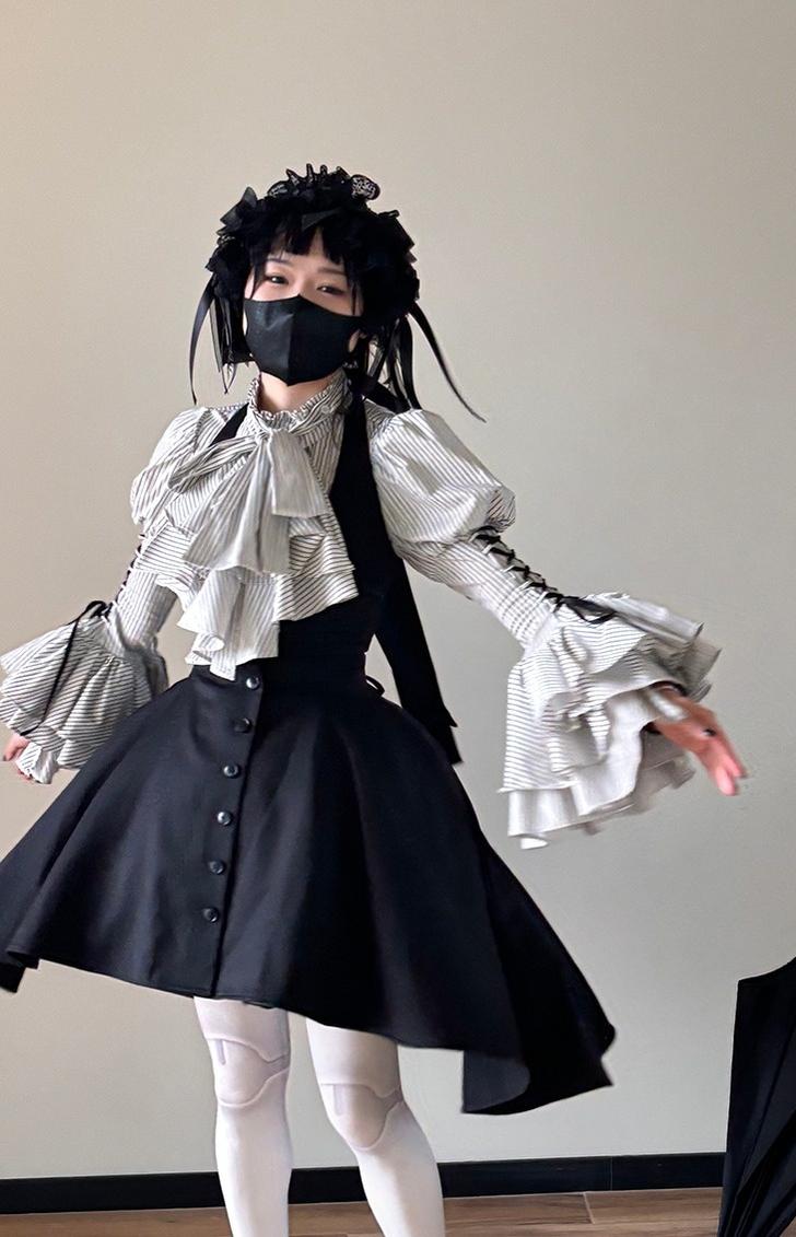 FlowerFairyDaily - Gothic Lolita Striped Shirt With Alternative NeckTie/Jabot