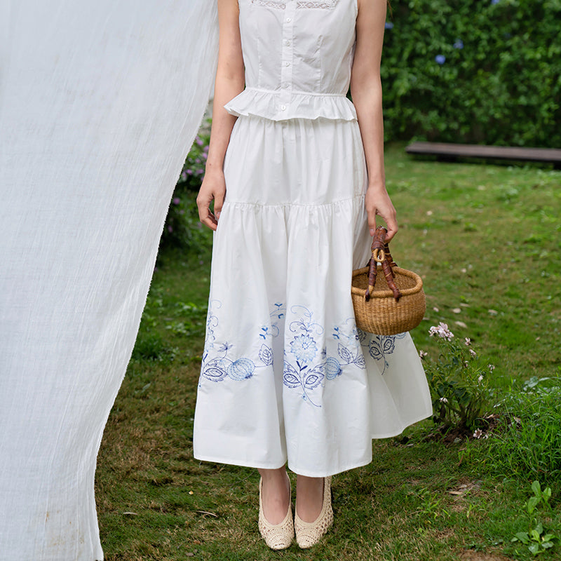 blue and white porcelain embroidered elastic waist A-line skirt