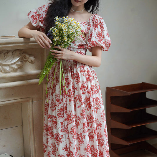 Red flower pattern retro dress