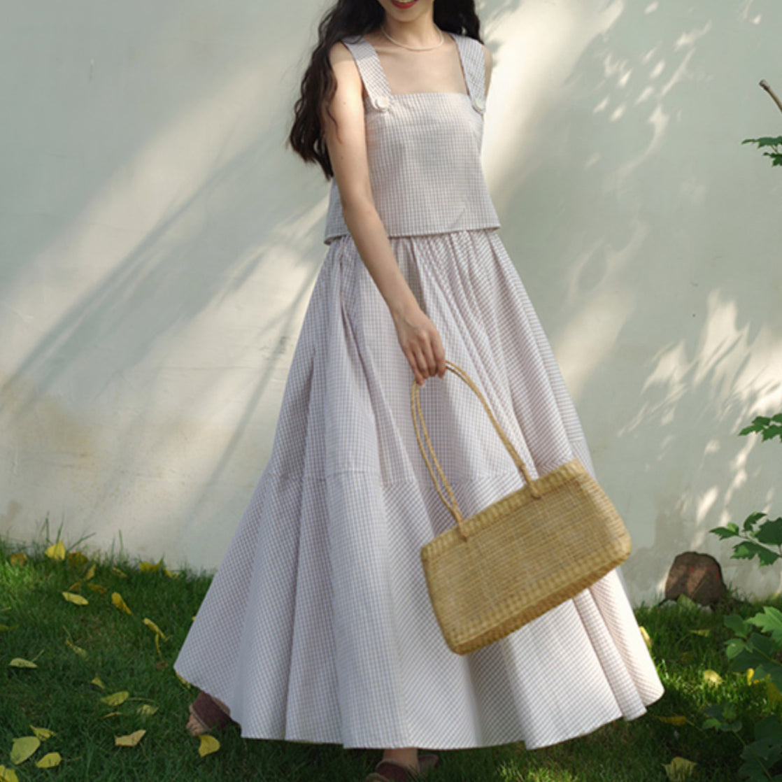 Light brown plaid French top and umbrella skirt