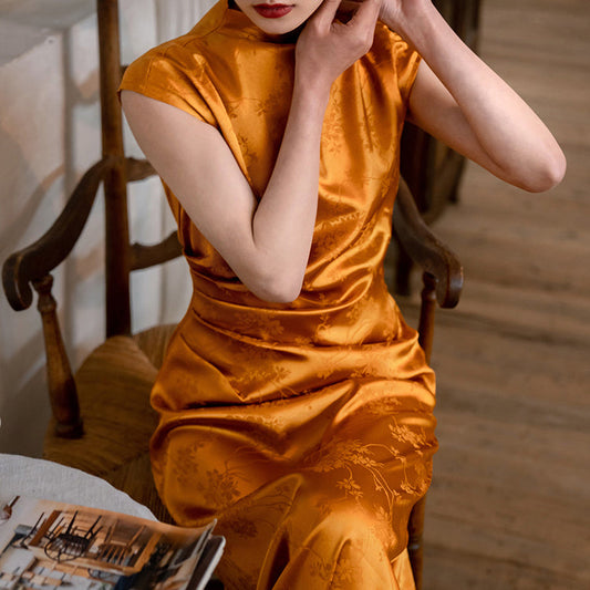 amber high collar jacquard satin cheongsam slim dress