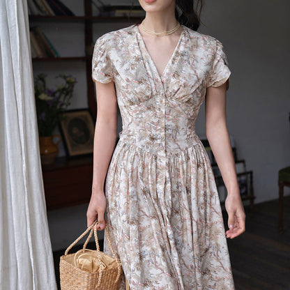 Evening flowers and birds painting dress