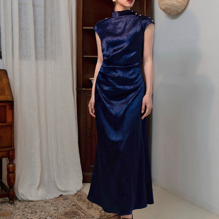 Cyanosis high collar jacquard satin cheongsam slim dress